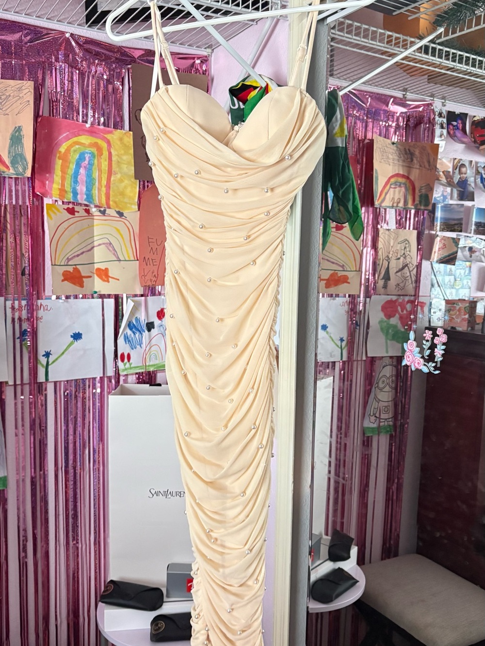 Windsor Pearl-Embellished Cream Ruched Midi Dress